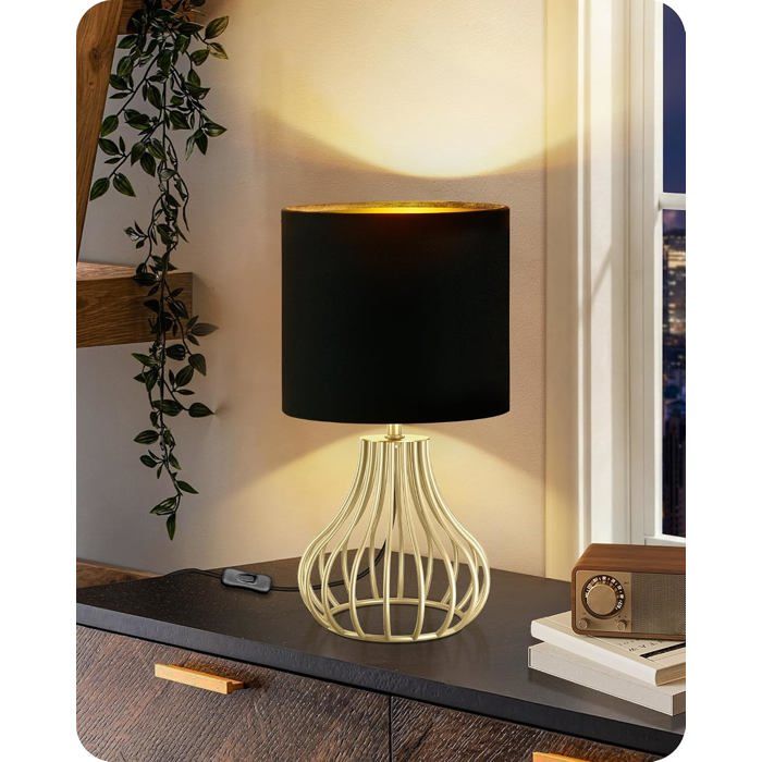 Lampe de chevet en cage métal doré - abat-jour noir en lin - culot E27 - ampoule LED 2700K incluse