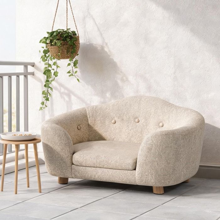 Lit canapé en peluche classic white avec dossier et coussin pour petit chien 70 x 47 x 30 cm structure bois