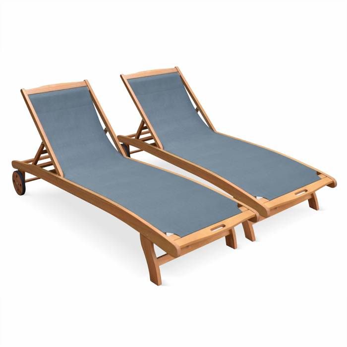 Lot De 2 Bains De Soleil Chilienne En Bois - Transats Pliables Empilables Tissu Oxford Vert - Jardin Piscine Balcon