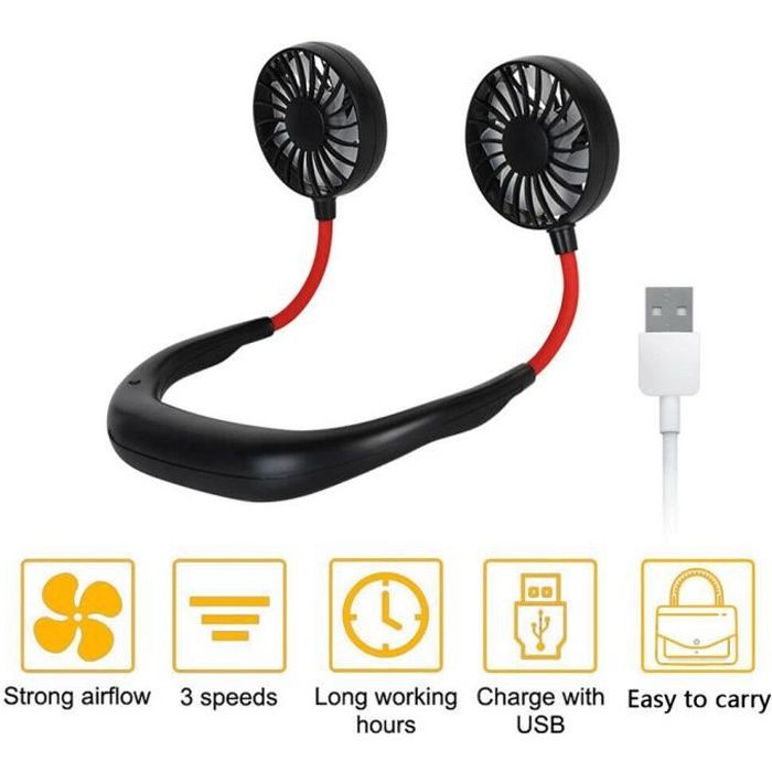 Mini ventilateur tour de cou rechargeable USB à double refroidissement - Noir