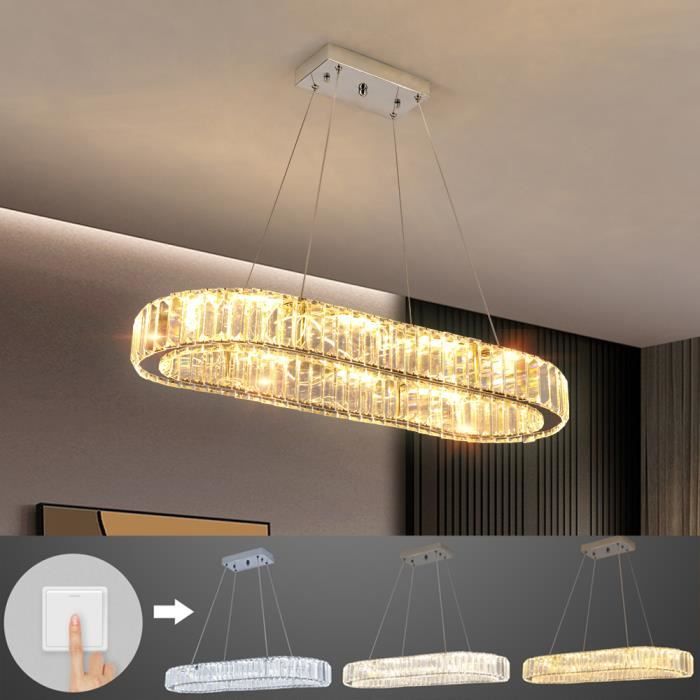Lustre moderne en cristal ovale à 3 couleurs ajustables pour le salon la salle à manger et la chambre à coucher
