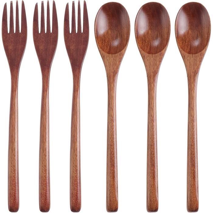Couverts à Salade en BoisEnsemble de 6 couverts en bois naturel avec fourchettecuillère et fourchette à long manche de style
