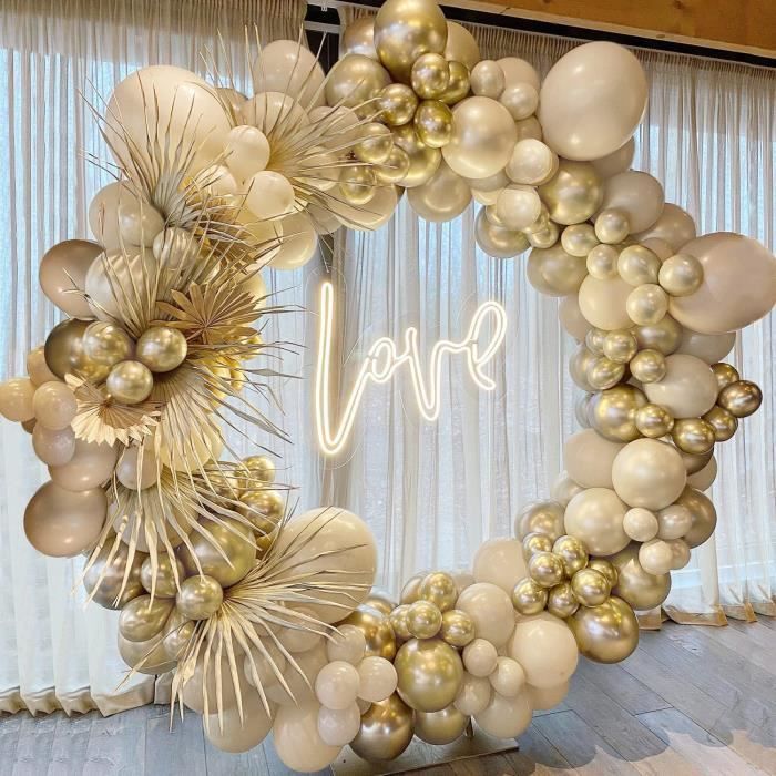Arche Ballon Anniversaire, Decoration Bapteme, Blanc et Or Crème
