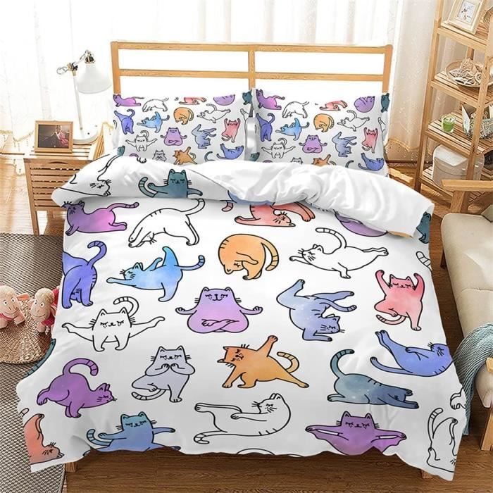Housse De Couette Enfant Adulte HOSIMA Chat Noir 135x200cm - Parure De Lit Avec Taie D'Oreiller Imprimée