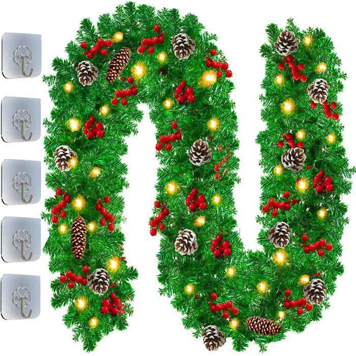 Guirlande Lumineuse Noël Avec Pommes De Pin Et Baies Rouges – 3 M – LED Blanc Chaud – 8 Modes – Télécommande – Piles/USB – Intérieur/extérieur