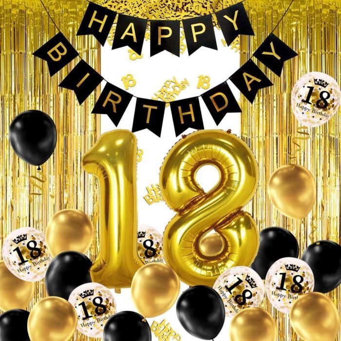 Izoel 18 Ans Deco Anniversaire Or Noir Banniere Joyeux Anniversaire Ballon Helium Chiffres 18 Xxl Rideau A Franges Or Noir Confet Cdiscount Maison