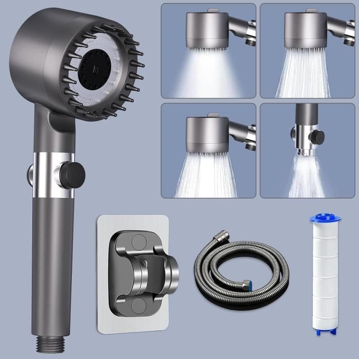 Pommeau De Douche Haute Pression Avec Tuyau 1,5 M & 6 Filtres - 3 Modes (pluie, Massage, Mixte), Bouton Stop, Gris | Améliore Le Débit Même En Basse Pression