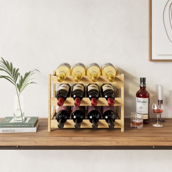 Dripex Casier à Vin, 12 Bouteilles, 3 Étagères à Bouteille en Bambou,  Adaptées à la Table, à la Cuisine/Bar/Cave-40 x 24 x 30 cm - Cdiscount  Maison