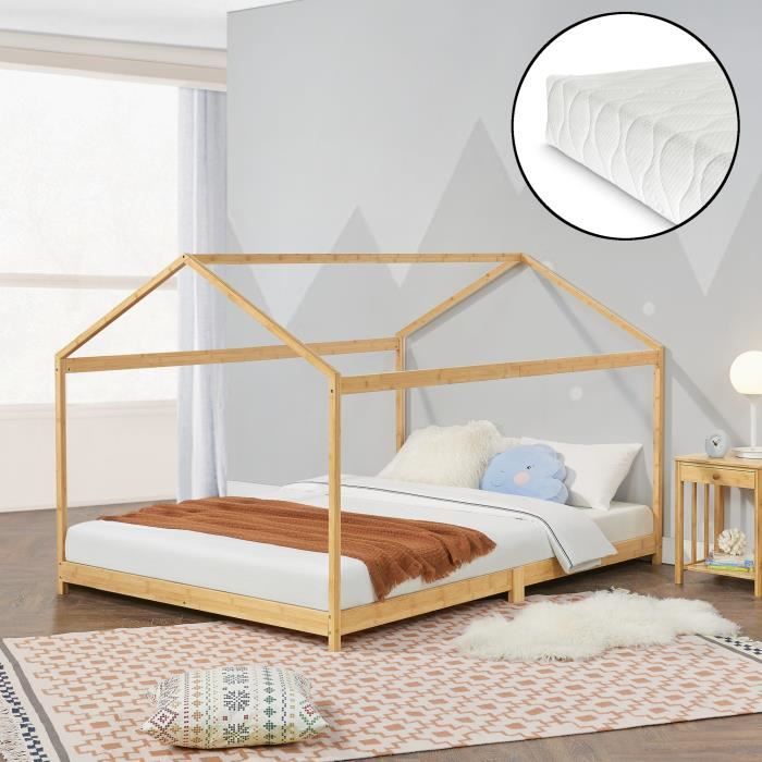 Lit cabane Vindafjord pour enfant 140 x 200 cm avec matelas sommier à lattes bambou naturel [en.casa]