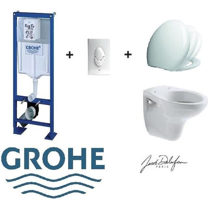 PACK COMPLET WC SUSPENDU BATI GROHE SL AUTOPORTANT + PLAQUE BLANCHE + CUVETTE JACOB DELAFON BRIVE + ABATTANT SIAMP VALLAURIS FREI...