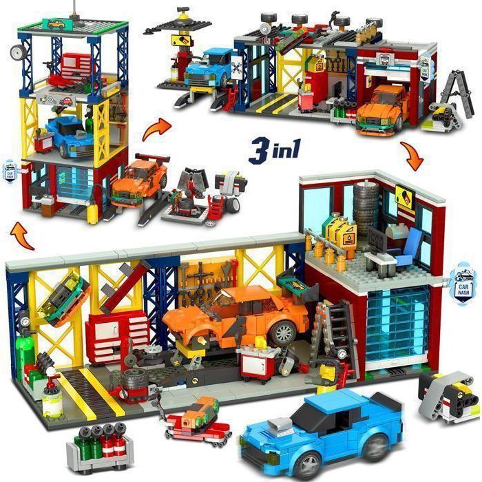 Jeu de construction - HOGOKIDS - Garage Citadin 3-en-1 (1022 pièces) - 3-en-1 atelier/chantier/lavage - 2 voitures ajustables