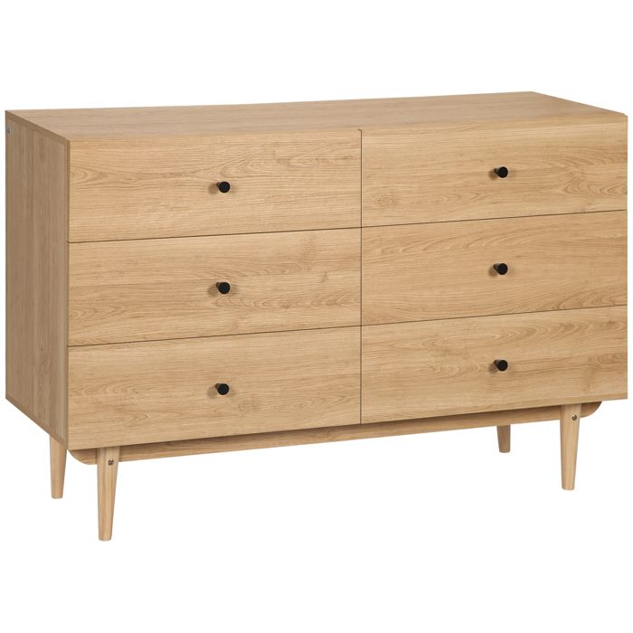 Commode - HOMCOM - 6 tiroirs meuble de rangement pieds en bois massif mobilier chambre - bois - 120x40x80cm - marron clair
