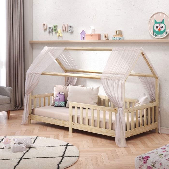 Lit cabane NINA 90 x 190 cm, en pin massif finition naturelle