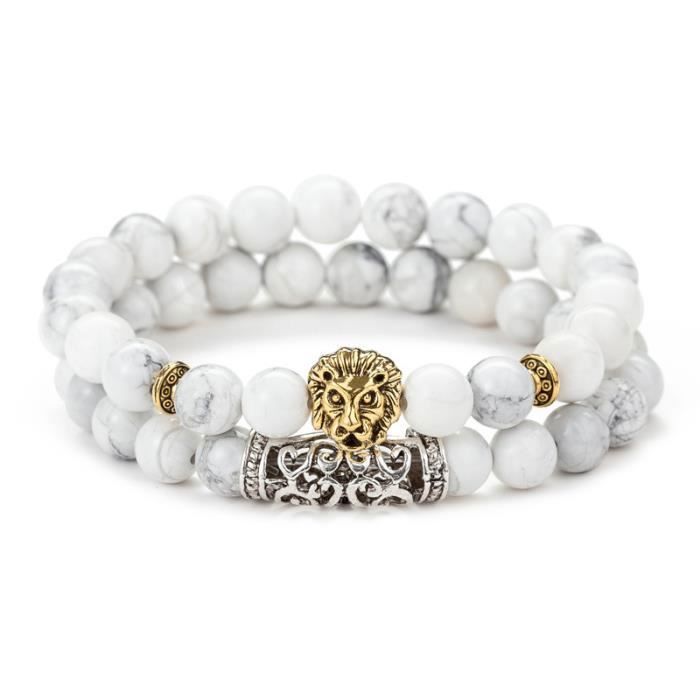 Bracelet Perle Homme Blanc Natural Tête de lion INSFITY - 19cm