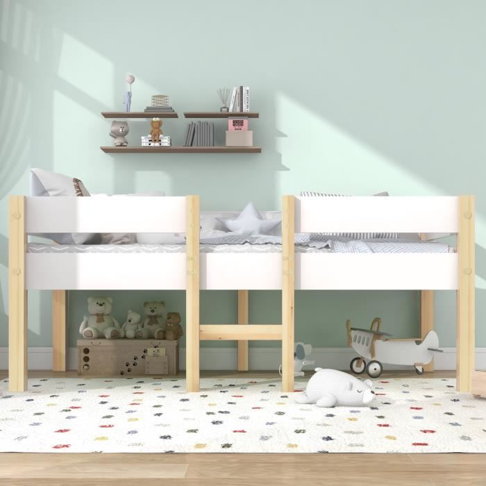 lit mi-hauteur - pour enfant - 90 x 190 cm - bois de pin massif - sommier à lattes