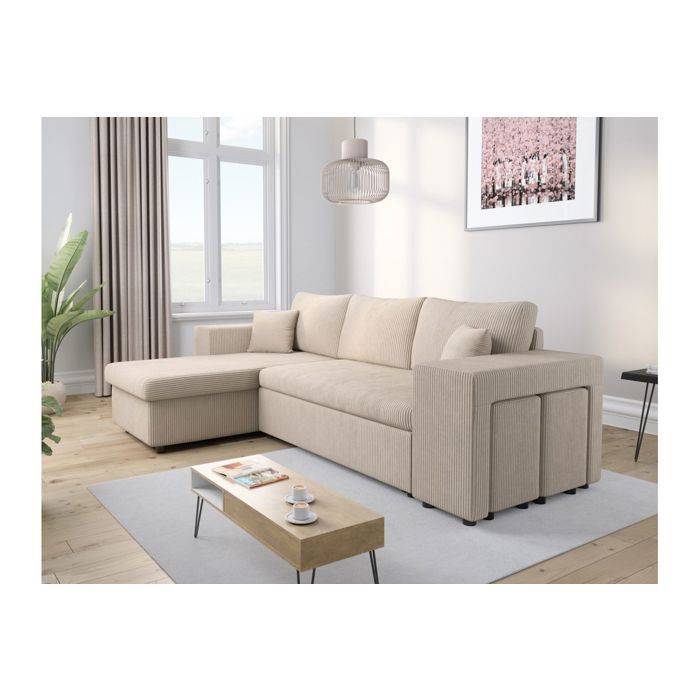 Canapé dangle réversible MADY avec coffre rangement poufs à droite en velours côtelé - Beige - L254 x P146 x H81cm - LOUNGITUDE Canapé dangle réversible MADY avec coffre rangement poufs à droite en velours côtelé - Beige - L254 x P146 x H81cm - LOUNGITUDE