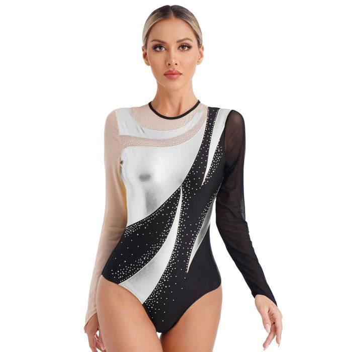 Aislor Femme Justaucorps Gymnastique Danse Manches Longues Métallique Brillant Body Ballet Performance S-XXL