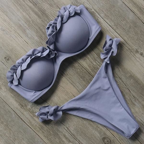 Maillot de bain 2 pièces femme Une épaule à volants Taille haute à lacets et imprimé Blanc