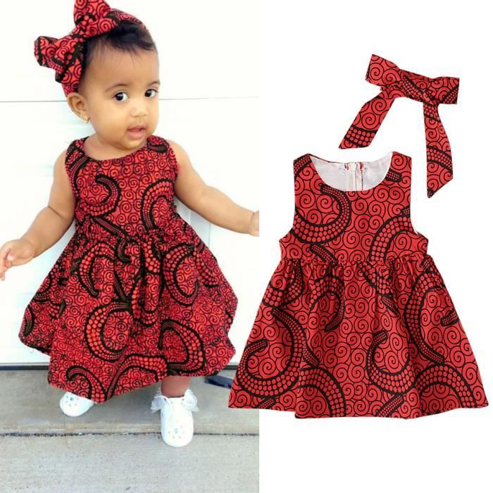 0-3 Ans Bébé Enfant Fille Vêtements Robe Rouge d'Été de Style Bohème Africain avec Bandeau Cheveux