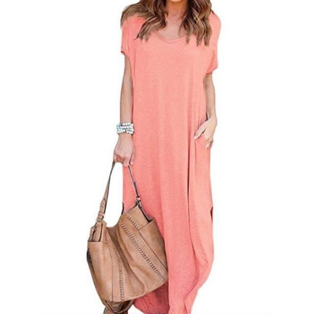 Robe,Robe longue Vintage à manches courtes pour femmes,couleur unie