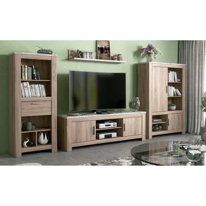 Ensemble De Salon, Meuble TV + Set De 2 étagères Murales + Meuble Bas Vitrine Coloris Chene Cambrian Blanc