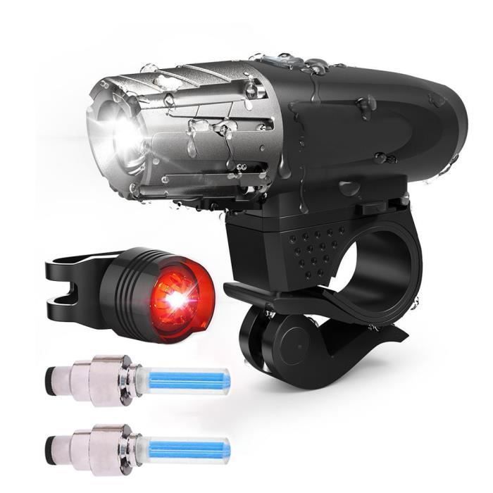 Ensemble d'éclairage pour vélo de montagne/route, Phare étanche à LED rechargeable haute luminosité + feu arrière + lampe à soupape