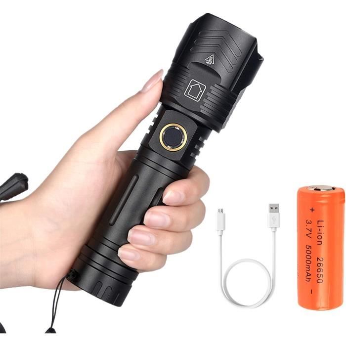 Lampe Torche LED Ultra Puissante 2000 Mètres, Zoom Réglable Et Rechargeable USB - Projecteur Compact