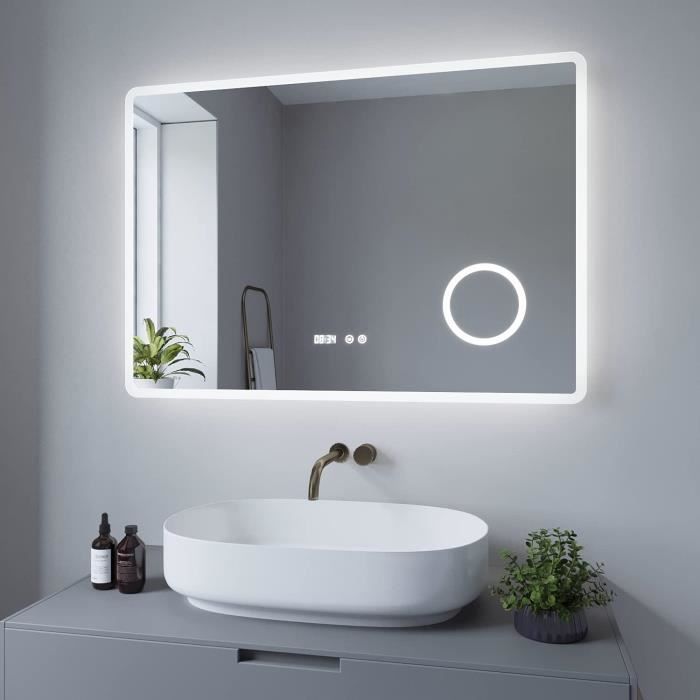 Miroir De Salle De Bain LED Avec Antibuée - 70x50cm, 3 Couleurs D'éclairage, Fonction Mémoire, Affichage Heure/température