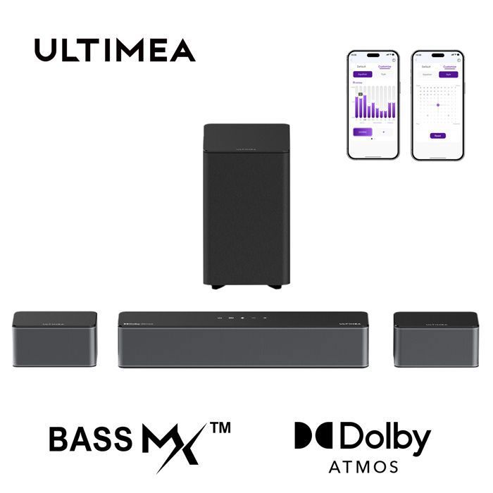 ULTIMEA Barre de son 5.1ch Dolby Atmos avec Caisson de basses + 2 enceintes Bass et Surround Réglable HDMI eARC Poseidon M4T