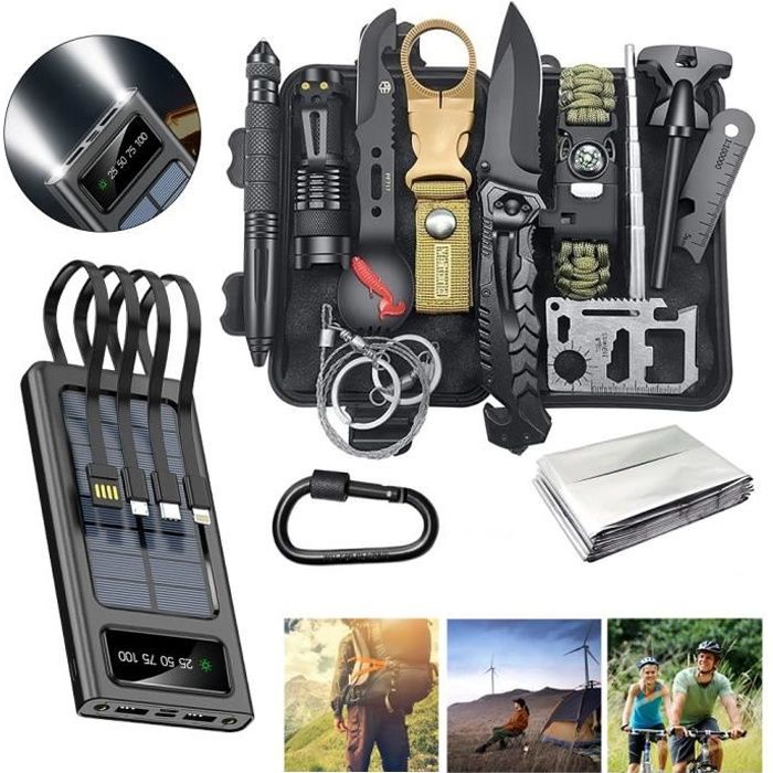 13en 1 Kit de camping avec chargeur solaire Power Bank, Kits d'équipement de camping en plein air ,Batterie externe portable