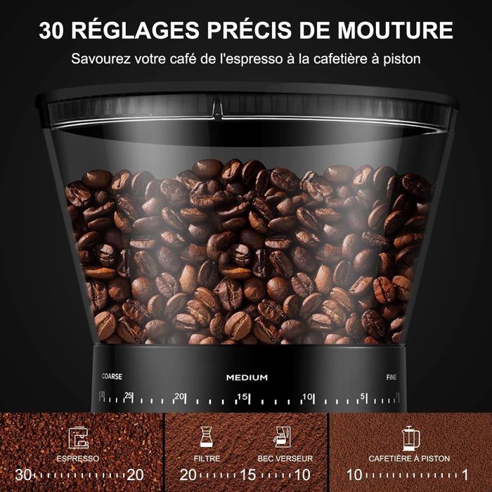 Moulin à Café Électrique AMZCHEF - 30 Niveaux De Mouture - Timer Digital - Capacité 300g - Fraise Conique