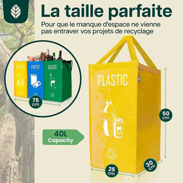 Norggo Pack de 3 Sacs Tri Sélectif–Poubelle de Tri pour Déchets et  Recyclage de Grande Capacité 40L– pour Papier, Plastique et Verre–Sacs  Écologiques : : Cuisine et Maison