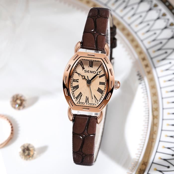 Montre Femme ERNEST à Quartz, Cadran Chiffres Romains Rose Gold, Bracelet Cuir Marron - Classique Et élégante