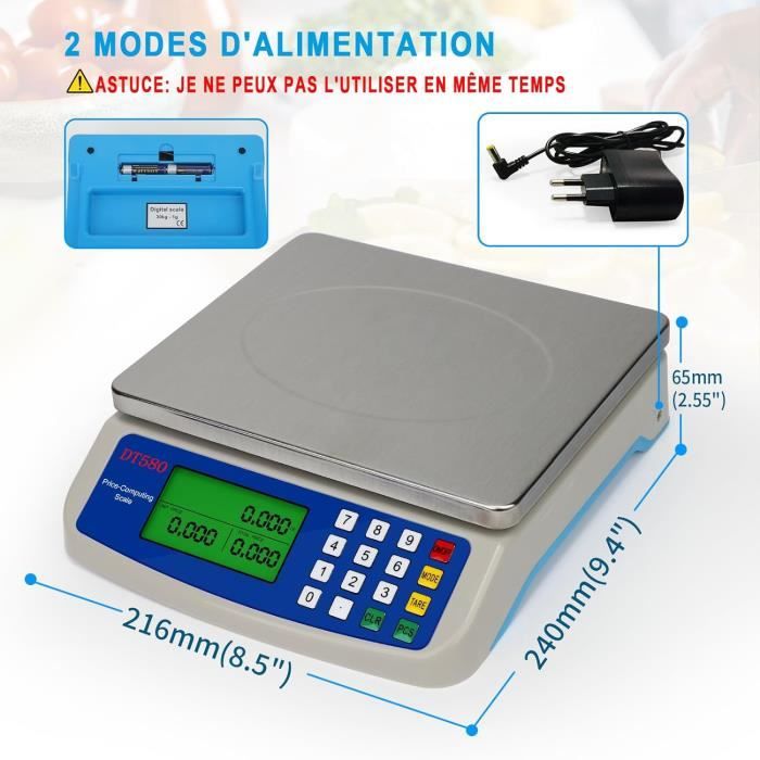 Balance De Cuisine Numérique QL 10 Kg – Acier Inoxydable 304, Écran LCD Géant, 7 Unités, Tare, Suspension, Précision 1g – Noir