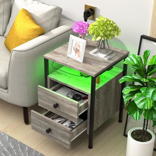 Table De Chevet LED Avec Tiroir - 16 Couleurs RGB, 4 Modes Luminosité, Blanc Brillant, 40x35x58cm