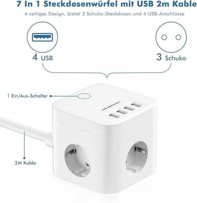 Multiprise USB 7 en 1 Cube Multiprise 3 Prises avec 4 USB Chargeur avec ...