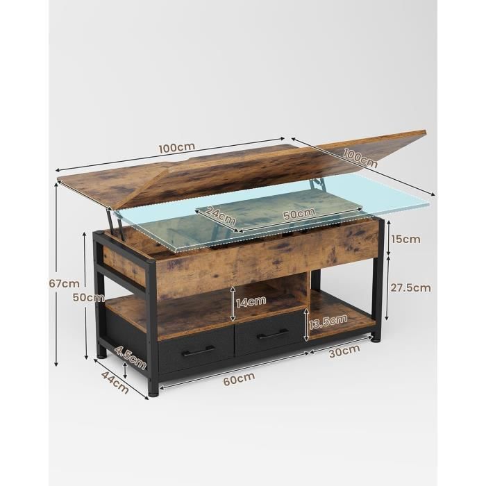 Table Basse Relevable KIMENICH 3 En 1 - Avec Rangement, Blanc, 50-100x100 Cm