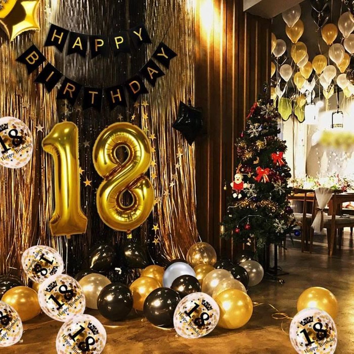Izoel 18 Ans Deco Anniversaire Or Noir Banniere Joyeux Anniversaire Ballon Helium Chiffres 18 Xxl Rideau A Franges Or Noir Confet Cdiscount Maison