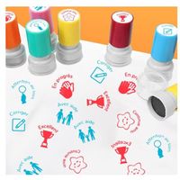 Lot De 12 Tampons Enseignants Auto-Encreurs Français - Motifs Encourageants (Très Bien, Bravo...) - Avec Boîte De Rangement