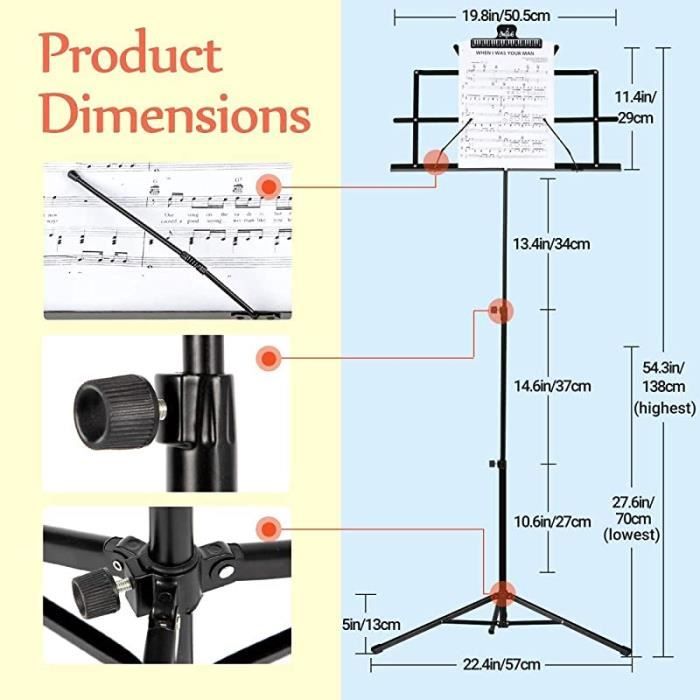 Pupitre Réglable Et Pliable OUTLETISSIMO - Hauteur 70-140 Cm, Support Partition 48x28 Cm, Inclut Sac De Transport 55 Cm
