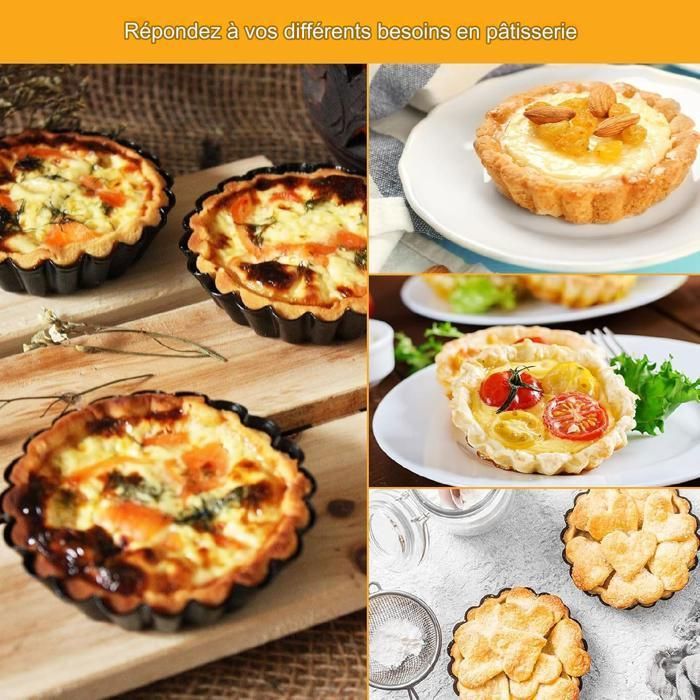 Lot De 6 Moules à Tartelettes 10 Cm Avec Fond Amovible - Revêtement Anti-adhésif Noir