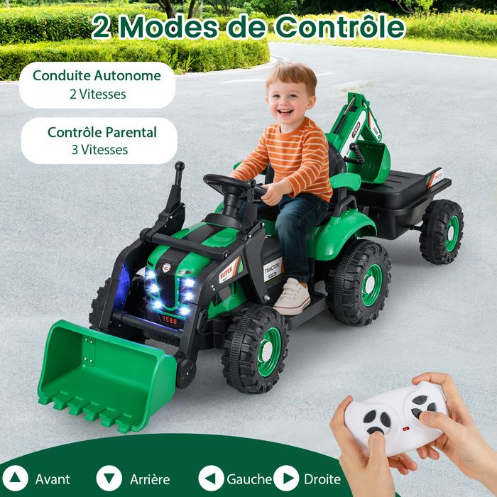 GOPLUS Tracteur Électrique Enfant Avec Remorque - 12V 7Ah - Télécommande 2,4G, Lumières, Musique - 3-8 Ans (Blanc)