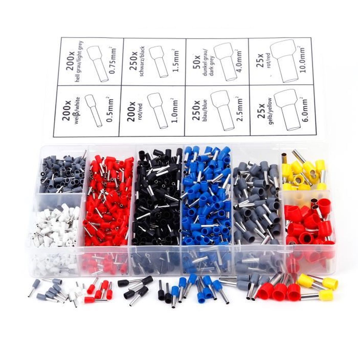 Cable Embout Rong 1200 Pcs assortiment embouts Cablage cables de 0.5-0.75-1.00-1.5-2.5-4 ...