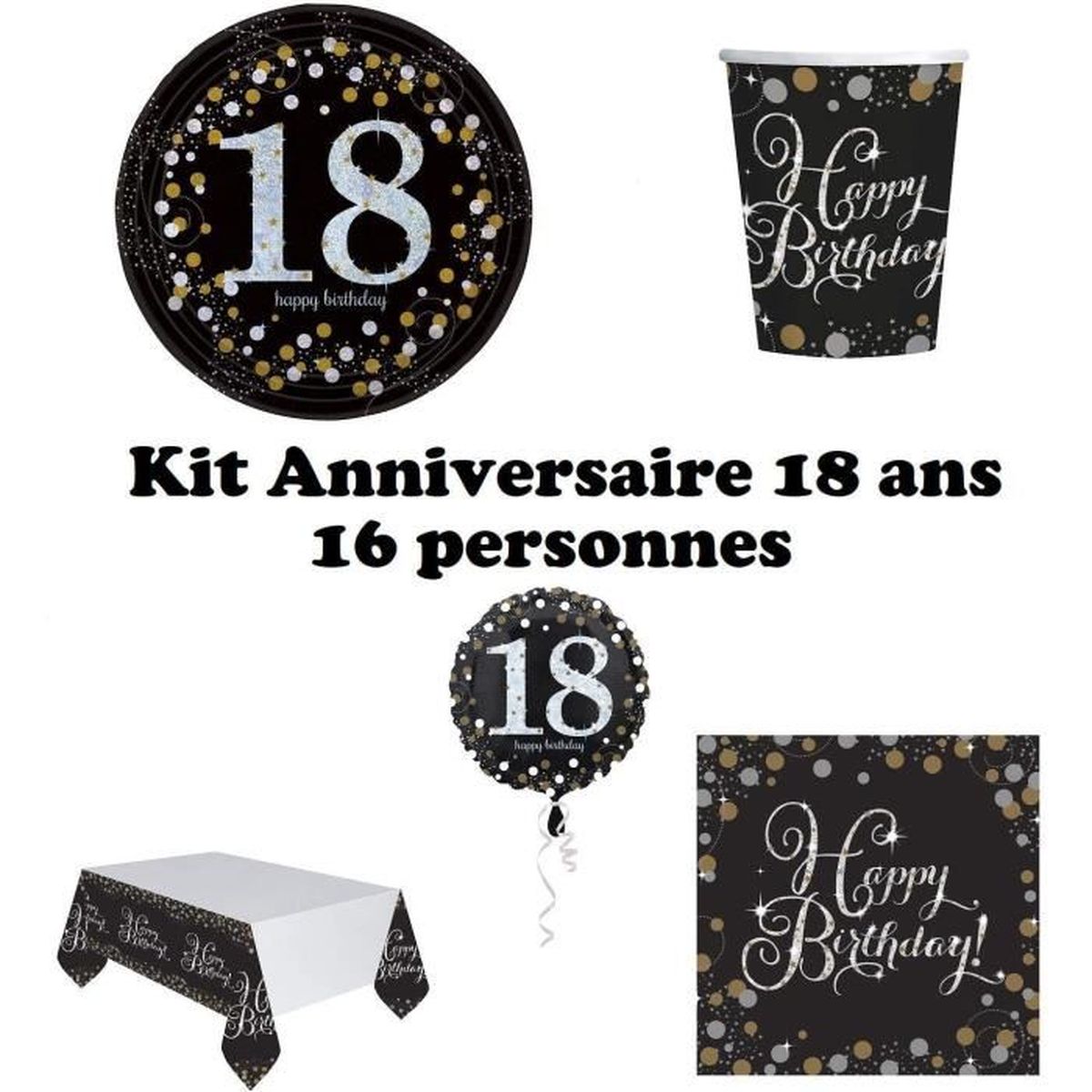 Mgs33 Kit Cde7 Anniversaire 18 Ans Complet Deco Table 16 Personnes 16 Assiettes 16 Gobelets 16 Serviettes 1 Nappe 1 Ballon Cdiscount Maison