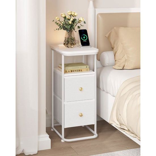 Table De Chevet Murale étroite Avec LED Bluetooth - 30x25 Cm, 3 Tiroirs, Prises AC/USB - Meuble Gain De Place Chambre