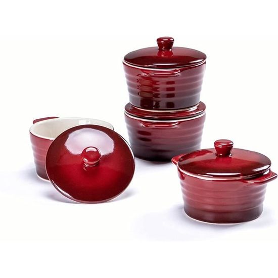4 Mini Cocottes En Céramique Rouge - 230 Ml Avec Couvercles - Pour Four, Micro-ondes - Idée Cadeau