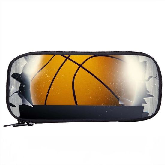 Trousse Ronde Cylindrique Motif Basket-ball - 20x7,5x7,5 Cm - Polyester - Pour école, Bureau, Maquillage