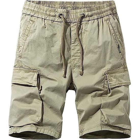 Short Cargo Homme Marque Ergonomie Multipoches Kaki Blanc Loose Melange de coton Kaki Cdiscount Pret a Porter