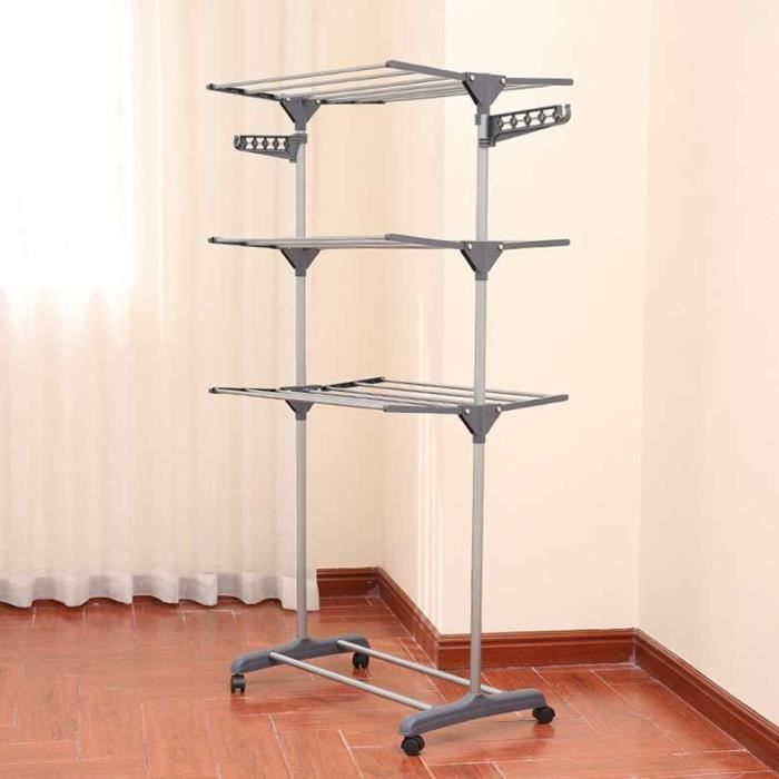 Séchoir à linge à trois couches étendoir pliable gris