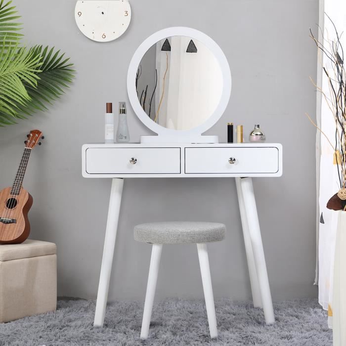 Coiffeuse design - 2 Tiroir avec coulisses - Miroir rond - Housse de tabouret amovible - 80 x 40 x 125 cm (L x l x h)